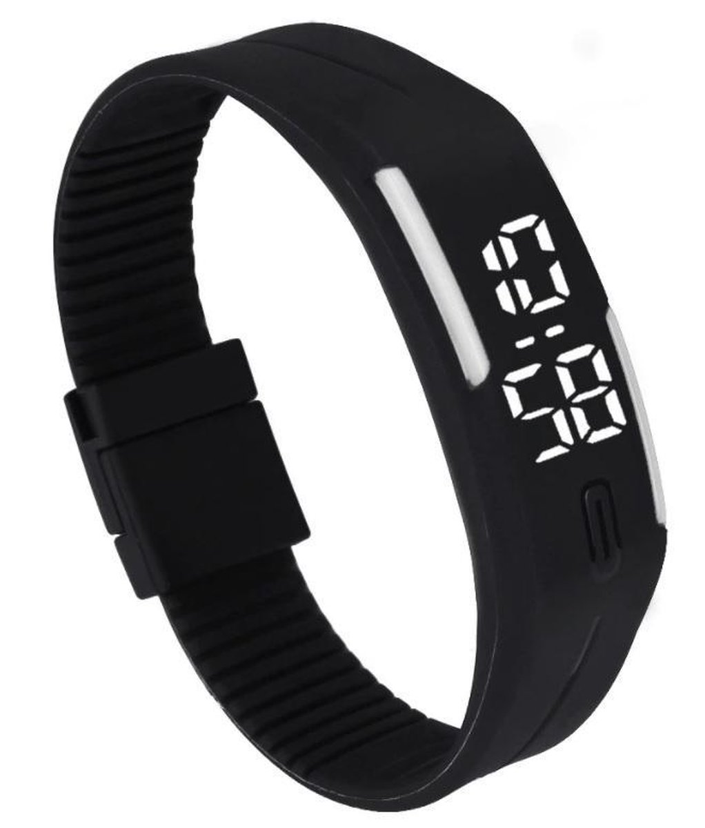 LED Horloge GADGET (valt groot) Kinderen Tieners - Rubber - 20 mm – Zwart/ Wit – geschikt vanaf 12 jaar - I-deLuxe verpakking - I-deLuxe