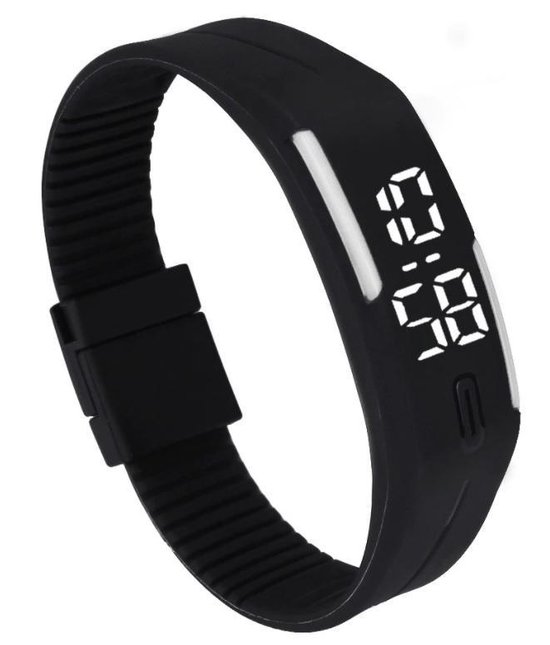 LED Horloge GADGET (valt groot) Kinderen Tieners - Rubber - 20 mm – Zwart/ Wit – geschikt vanaf 12 jaar - I-deLuxe verpakking
