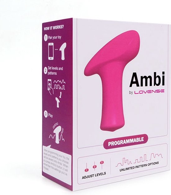 Doos van de roze Lovense Ambi vibrator. Toont "HOW IT WORKS?" met stappen en "PROGRAMMABLE" en "UNLIMITED PATTERN OPTIONS".