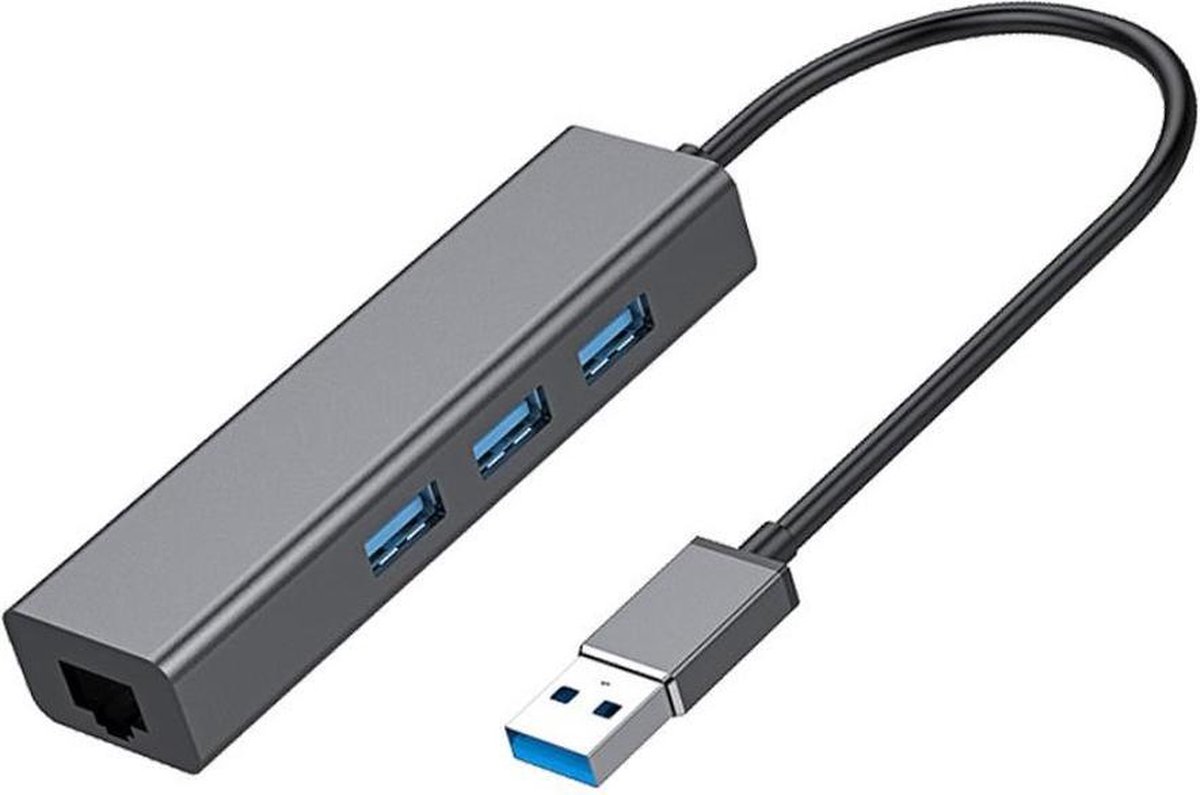 NÖRDIC USB-LANHUB, USB 3.1 naar Ethernet Giga netwerkadapter, 3x USB 3.1 hub, 17cm, Spacegrijs