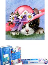 Crafterman™ Diamond Painting Pakket Volwassenen - Kat met Bloemen Hoed- 50x40cm - volledige bedekking - vierkante steentjes - 36 verschillende kleuren - hobby pakket - Met tijdelijk 2 E-Books