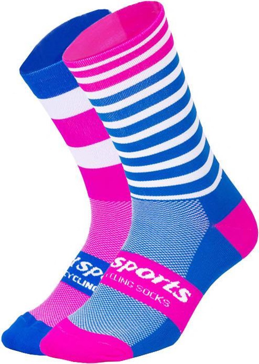 sportsokken, fietssokken roze wit blauw voor fietsen wandelen