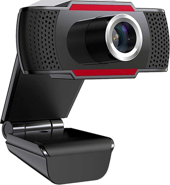 Zwarte webcam met rode strepen en lens, staand op een opklapbare standaard.