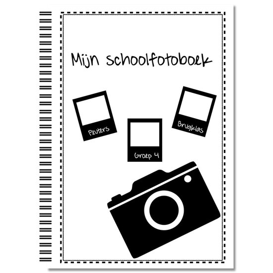 Voorkant van schoolfotoboek met titel 'Mijn schoolfotoboek', labels voor Peuters, Groep 4 en Brugklas.
