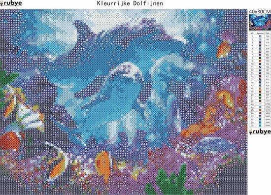 Peinture diamant Rubye avec deux dauphins et flore sous-marine colorée, 30x40cm.