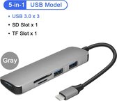 USB-C 5 in 1 Hub Adapter Type-C / 3x USB3.0 en SD/Micro SD Kaartlezer/ voor o.a. MacBook/Samsung Galaxy 9 in Kleur Space Gray