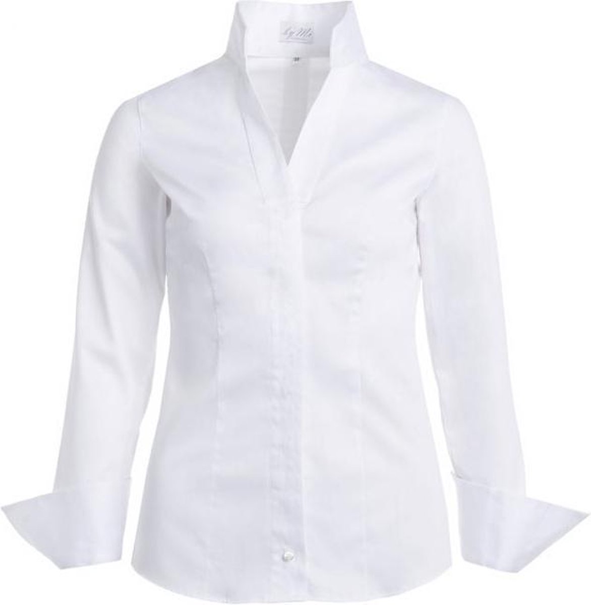 Dames blouse wit volwassen lange mouw kelkkraag sta kraagje egyptian cotton katoen luxe chic maat 42