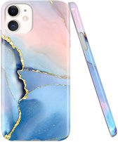 Apple iPhone 11 Backcover - Blauw / Roze - Marmer - Soft TPU hoesje