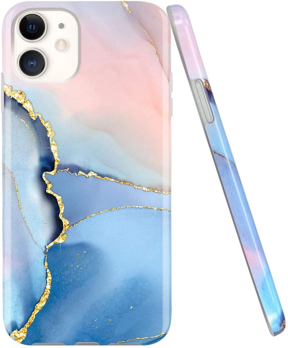 Geschikt voor Apple iPhone 11 Backcover - Blauw / Roze - Marmer - Soft TPU hoesje