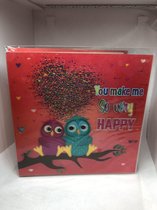 Valentijnskaart Wenskaart kaart Uiltjes You make me happy 3D - Liefde - Verjaardag - Met envelop