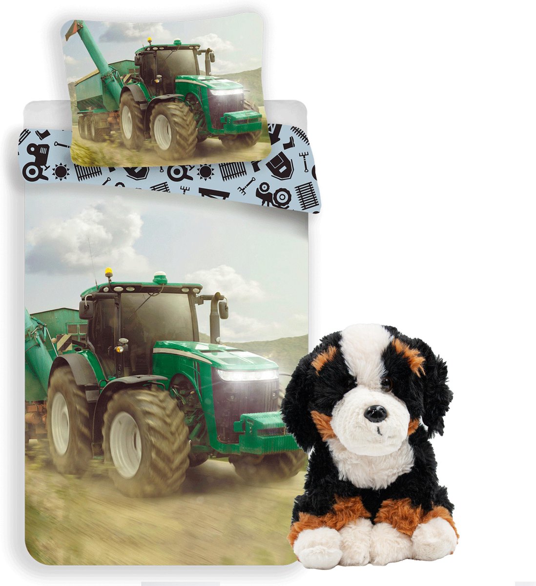 Tractor dekbedovertrek set 140 x 200 cm, incl. Berner sennenhond 24 cm, jongens stoere boerderij kinderen slaapkamer eenpersoons dekbedovertrek, honden