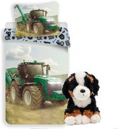 Tractor dekbedovertrek set 140 x 200 cm, incl. Berner sennenhond 24 cm, jongens stoere boerderij kinderen slaapkamer eenpersoons dekbedovertrek, honden