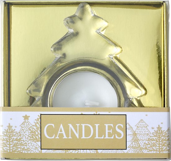 3 x - Waxinelichtje houder - Kerstboom - in Goud kleurige verpakking - Helder glas - inclusief waxinelichtje