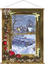 Kerst Doek - 60x80 Cm - Doorkijk Houten Raam - Vogeltje In Winters Landschap - Textiel Poster - Decoratie - Winter Poster - Kerst Decoratie - Kerstversiering