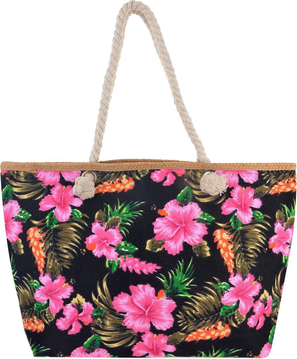 Clayre & Eef - Strandtas - Zwart - Bloemen - 55x33x13cm