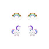 Joy|S - Zilveren oorbellen set 2 paar | pony / eenhoorn | regenboog