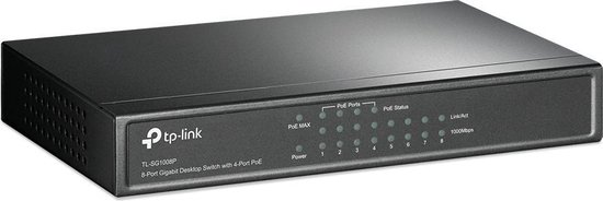 Zwarte TP-Link TL-SG1008P 8-poorts Gigabit desktop switch met PoE-poorten en statusindicatoren.