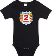 Happy birthday 2e verjaardag romper / rompertje 2 jaar met emoticons zwart voor baby 80 (9-12 maanden)