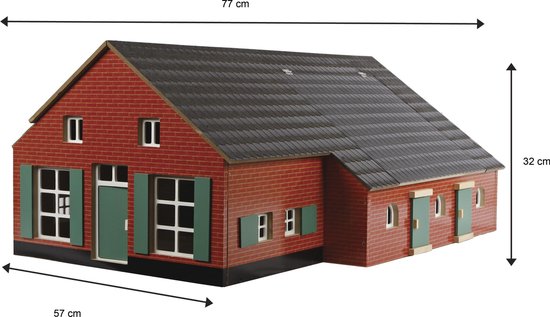 Speelgoedboerderij van rood baksteen met grijs dak, groen luiken en deuren. Afmetingen 77x57x32 cm.