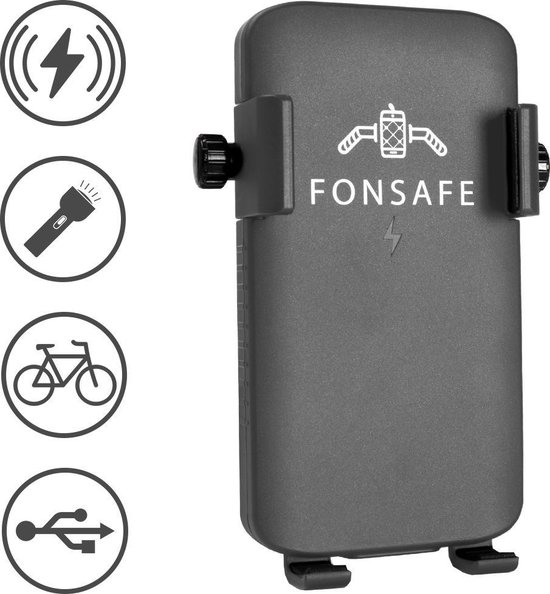FONSAFE Wireless Charger Telefoonhouder Fiets Powerbank - Fietslamp - Zilver