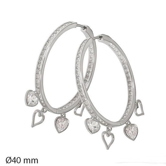 Juwelier Emo - Zilveren Bedel Oorbellen met Hartjes & Zirkonia stenen - Diameter 40 MM