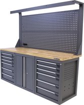 Kraftmeister werkbank 200 cm - Werktafel met gereedschapswand, 12 laden, 1 opbergkast en eiken werkblad - Grijs
