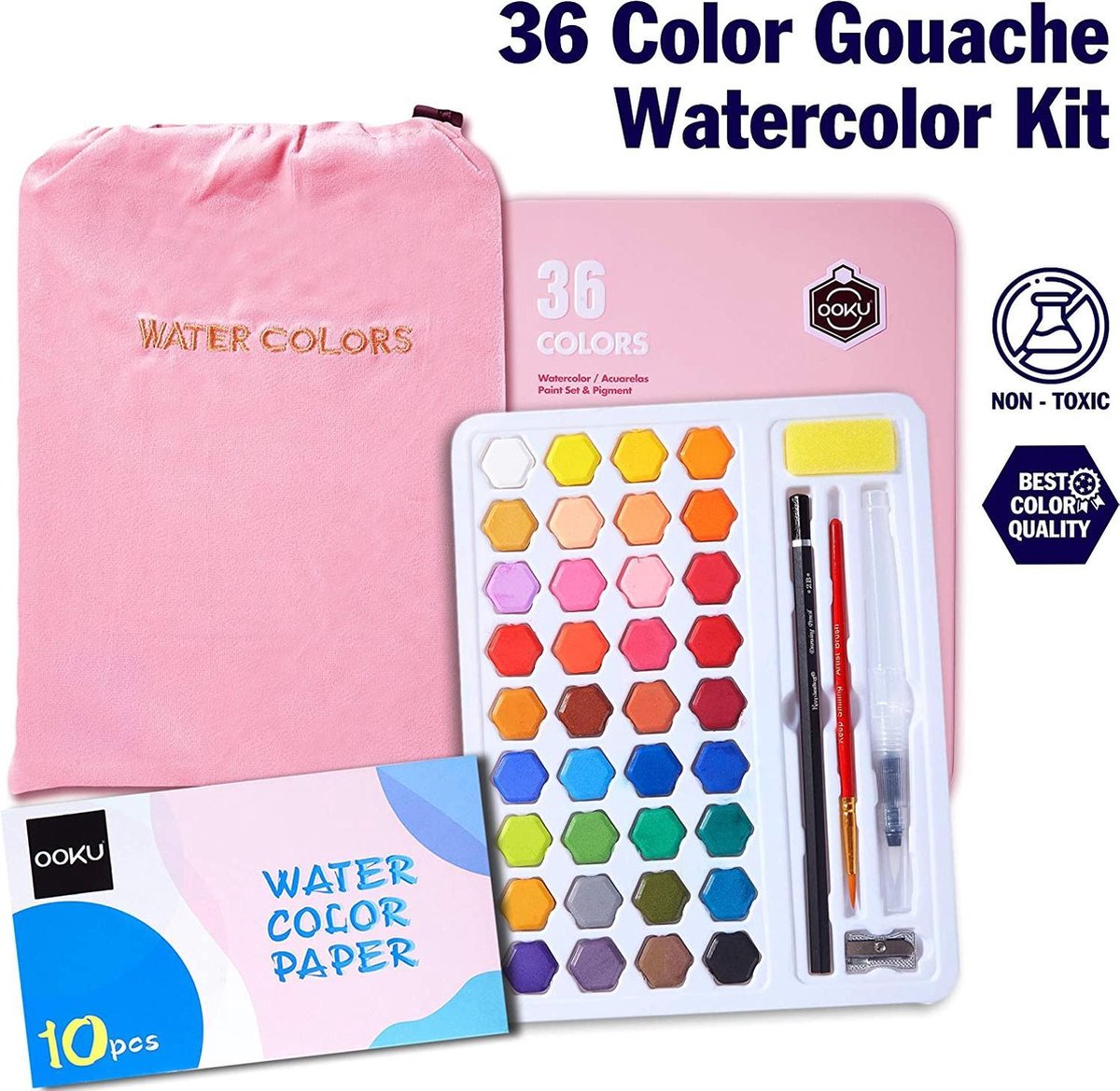 OOKU Watercolor Paint Set, 36 Water Colors Pigment Watercolor Set in Metal  Box with 1 Water Brush Pen, 1 Pencil, Pouch