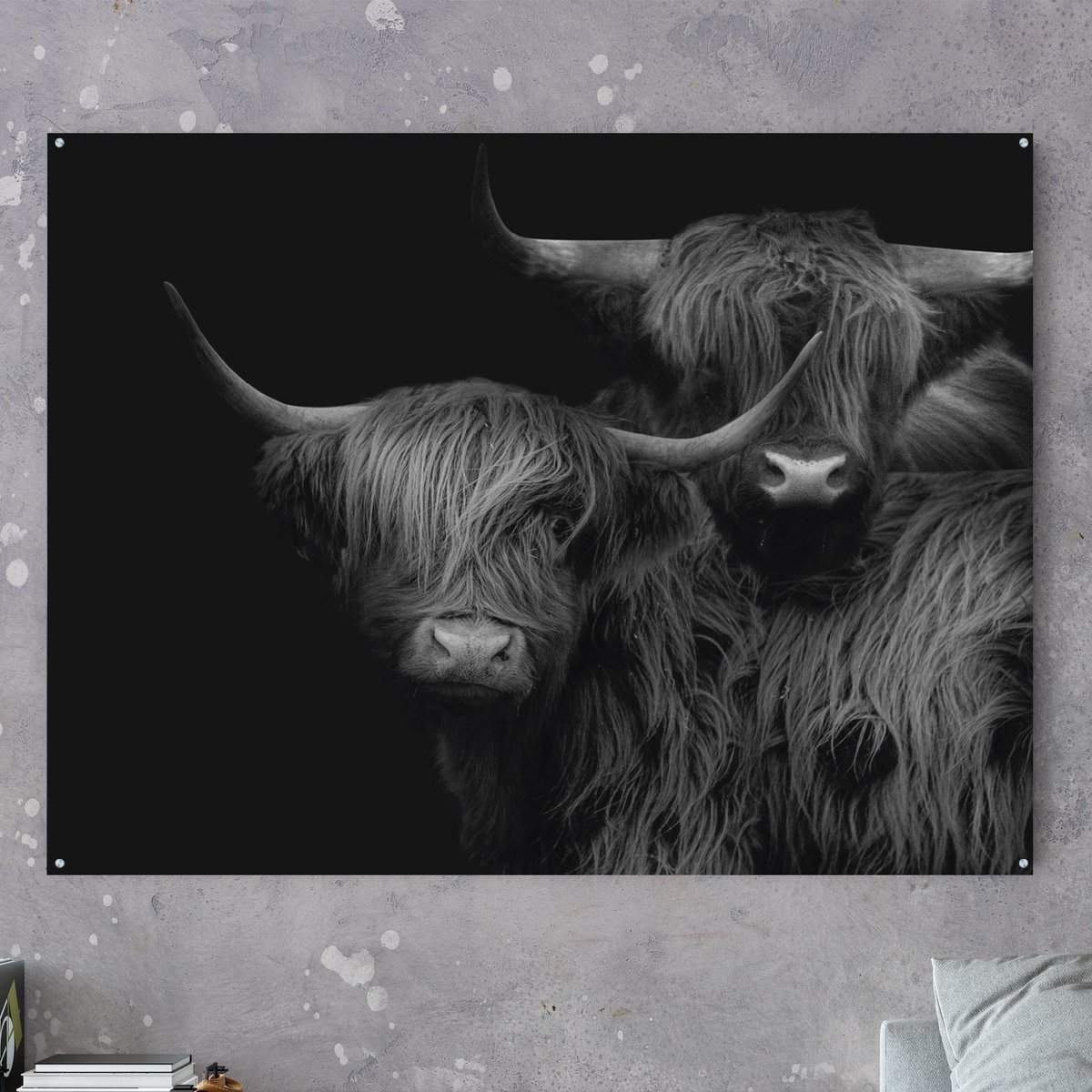 Schotse hooglander schilderij – 100x75cm op aluminium – Inclusief ophangsysteem - Geschikt voor ieder interieur - Schilderij schotse hooglander – Stierenkop – Schilderij koe – Koeien schilderij – Zwart wit schilderijen – Schotse hooglander zwart wit