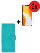 iPhone 12 Hoesje + iPhone 12 Screenprotector - iPhone 12 hoes Wallet Bookcase Turquoise + 2x Screenprotector