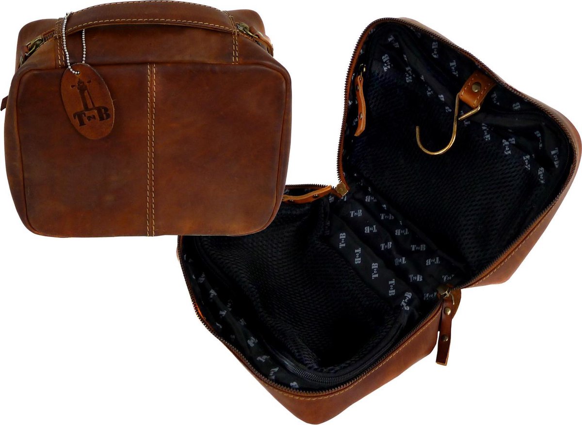 T-Burn Brands Luxe Lederen Hang-Up Toilettas -"VT-PORTLAND-COW" -Bruin- Afmeting 24 x 7 x 18 cm.