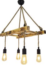 Fienzi - HT142 - Industriële Houten Trap Lamp - Robuuste Chandelier met Houten Ladder en Touw | 4 Lampen | Industriële, Rustic Stijl | Metalen Touwlamp, Hanglamp Design 60x34x80cm - HT142