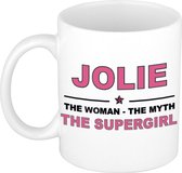 Naam cadeau Jolie - The woman, The myth the supergirl koffie mok / beker 300 ml - naam/namen mokken - Cadeau voor o.a verjaardag/ moederdag/ pensioen/ geslaagd/ bedankt