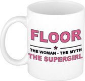 Naam cadeau Floor - The woman, The myth the supergirl koffie mok / beker 300 ml - naam/namen mokken - Cadeau voor o.a verjaardag/ moederdag/ pensioen/ geslaagd/ bedankt