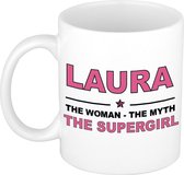 Naam cadeau Laura - The woman, The myth the supergirl koffie mok / beker 300 ml - naam/namen mokken - Cadeau voor o.a verjaardag/ moederdag/ pensioen/ geslaagd/ bedankt