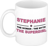 Naam cadeau Stephanie - The woman, The myth the supergirl koffie mok / beker 300 ml - naam/namen mokken - Cadeau voor o.a verjaardag/ moederdag/ pensioen/ geslaagd/ bedankt