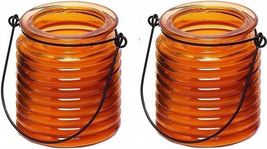 2x Citronellakaarsen in oranje geribbeld glas 7,5 cm - Insecten verjagen - Geurkaarsen