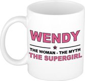 Naam cadeau Wendy - The woman, The myth the supergirl koffie mok / beker 300 ml - naam/namen mokken - Cadeau voor o.a verjaardag/ moederdag/ pensioen/ geslaagd/ bedankt