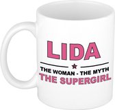 Naam cadeau Lida - The woman, The myth the supergirl koffie mok / beker 300 ml - naam/namen mokken - Cadeau voor o.a verjaardag/ moederdag/ pensioen/ geslaagd/ bedankt