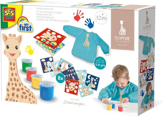 SES - Sophie la Girafe - Vingerverfset - 4 kleuren vingerverf - inclusief schort, papier en overlegvellen - hypoallergeen - makkelijk uitwasbaar - SES