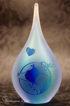 Urn van glas met uw gewenste naam en afbeelding van een Border Collie Hond middels zandstraling-Blauw en Groen- 50ml inhoud-Druppel mini urn deelbestemming voor crematie as-urn men