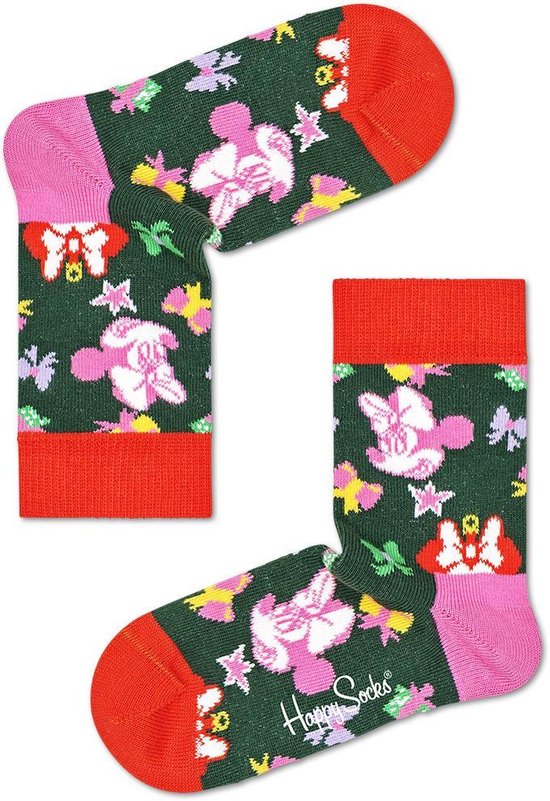 Donkergroene sokken met roze bloemen, gele sterren en rode en roze boorden.