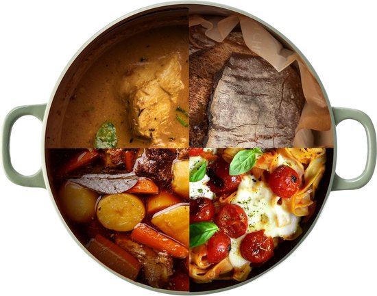 Olijfgroene braadpan met vier afbeeldingen van gerechten: kip curry, brood, stoofvlees en pasta.