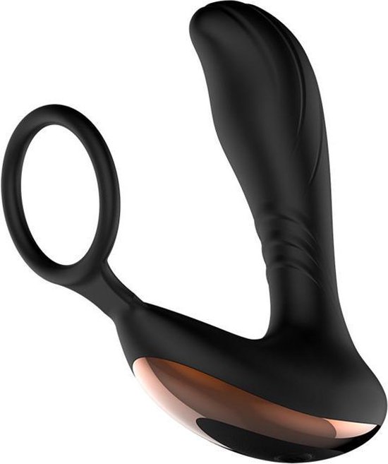 Zwarte prostaat vibrator met ring en roze gouden accent, schuin gezien.
