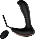 Zwarte prostaat vibrator met een roze gouden accent en een ovale afstandsbediening.
