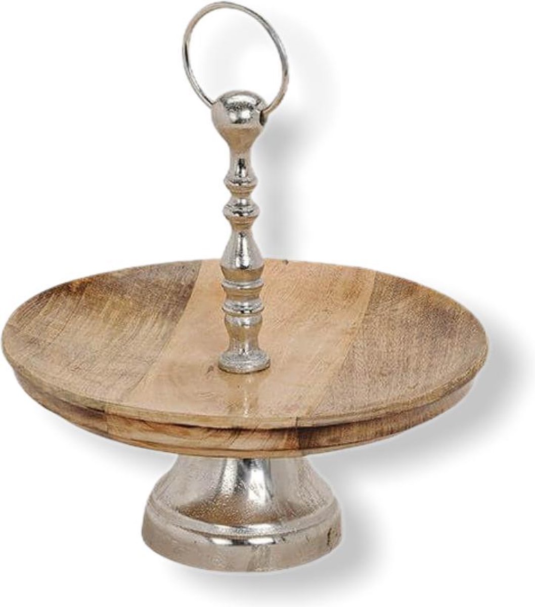 Zilver metalen etagère met houten borden 30x30x30cm - Plate on metal stand, mango wood, silver brown,30x30x30cm