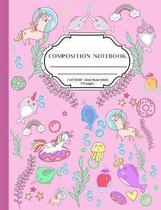 Wide Rule Composition Notebook: Cute composition notebook for girls, lovely pink colour matte cover with narwhal and unicorn sprinkles design, wide ru