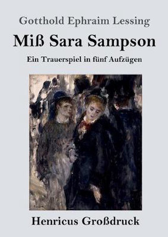 Boek 'Miß Sara Sampson' met schilderij van mensen in kleding uit de 19e eeuw.