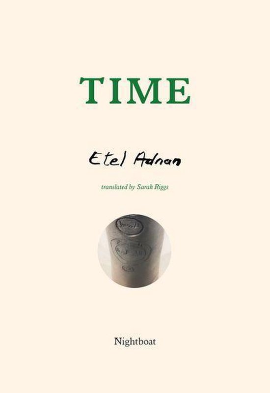 Livre avec le titre vert 'TIME' et le nom 'Etel Adnan' au centre, avec une image circulaire d'un cachet.