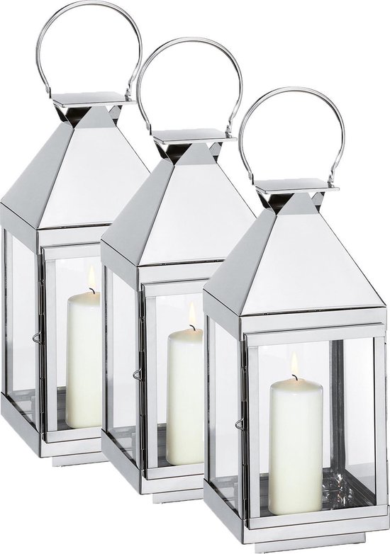 aantrekkelijk Zegenen Wees tevreden Cilio Villa 36 cm - 3 stuks - RVS lantaarn met glas - Glans gepolijst -  Windlicht -... | bol.com