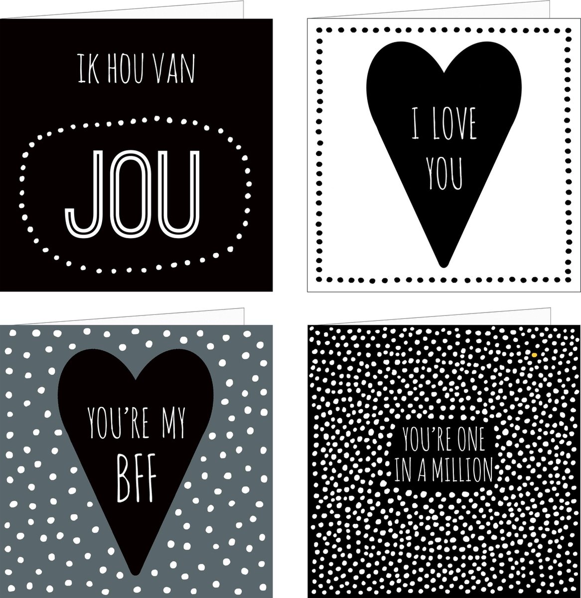 4x wenskaarten / set kaarten en enveloppen | LIEFDE & VRIENDSCHAP | o.a. I love you / ik hou van jou / my BFF
